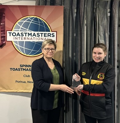 President Katina presenting Rach with the Speaker of the Night Award.